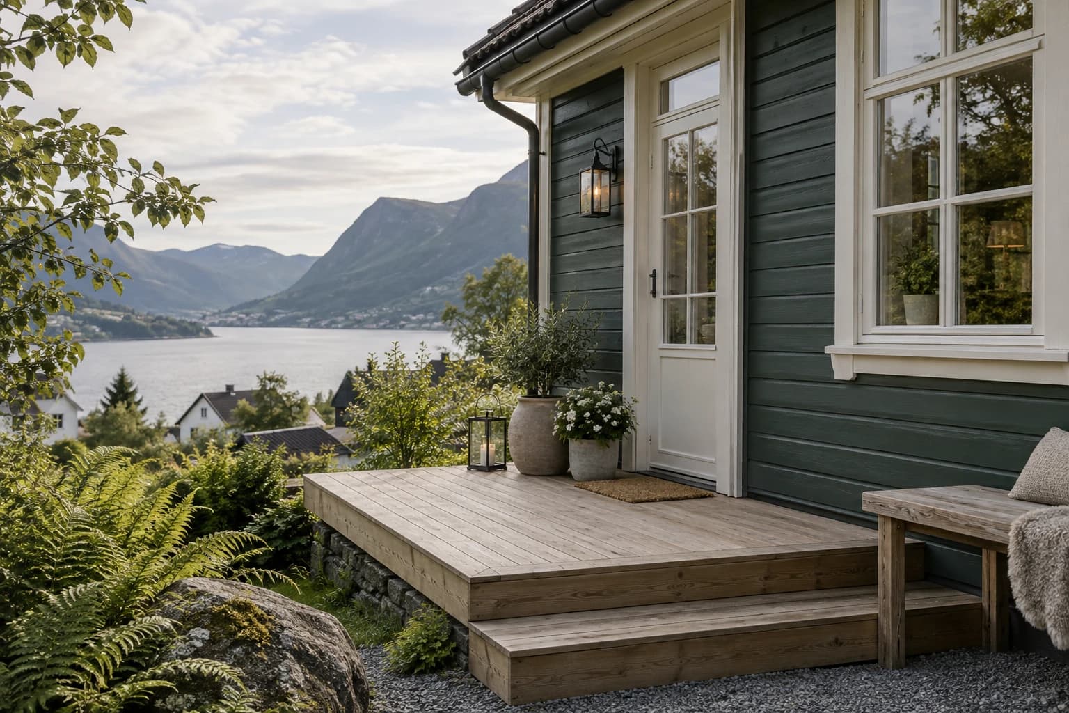 Trehus med malt fasade og gjennomarbeidede detaljer.